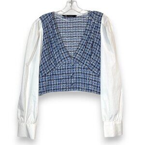 Zara Tweed Knit Crop Top Blouse Plaid Blue White XL